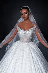 Gorgeous White Off-The-Shoulder Sleeveless Sequined Ball Gown Long Tulle Wedding Dresses With Appliques